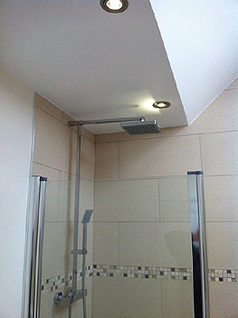 A sleek, contemporary over-bath shower